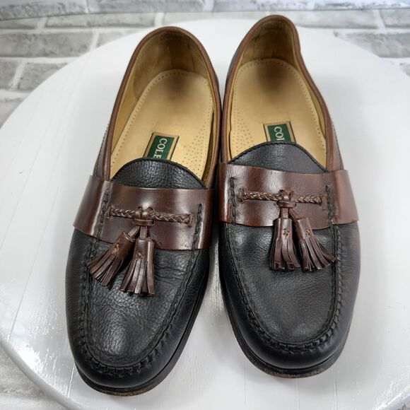 Cole Haan Men\'s 9 Black Brown Leather Slip Kiltie Tassel Loafer Casual Shoes